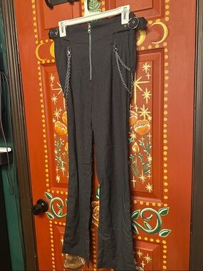 Disturbia Black Pinstripe Straight-Leg Pants with Silver Chains